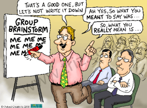 cartoon of a man taking over a brainstorming session, structured innovation requires brainstorming but it can go wrong