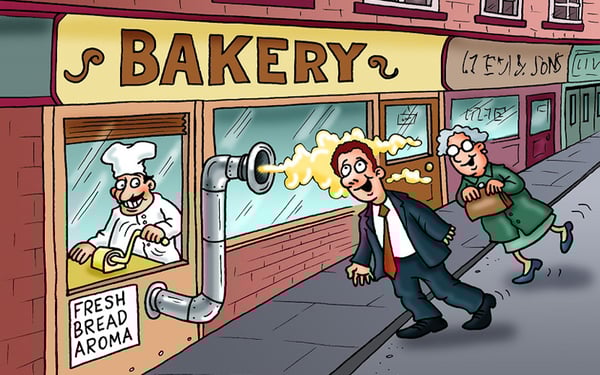 Cartoon of a baker piping fresh bread aroma out of his bakery to tempt customers, using the resources the baker has to innovate