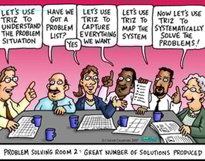 Cartoon of a group of people using TRIZ to problem solve, continuously improve and innovate