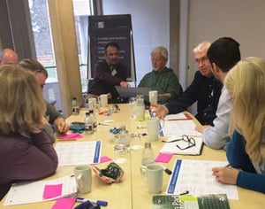 a group of people sitting around a large table at a workshop - workshops are an important part of sustainable innovation